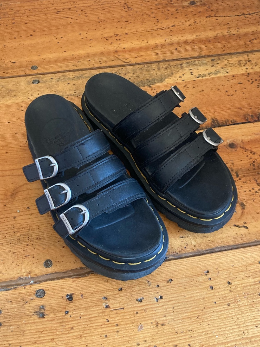 Dr. Martens Black Blaire Triple-Buckle Platform Slide Sandals Yellow Stitching